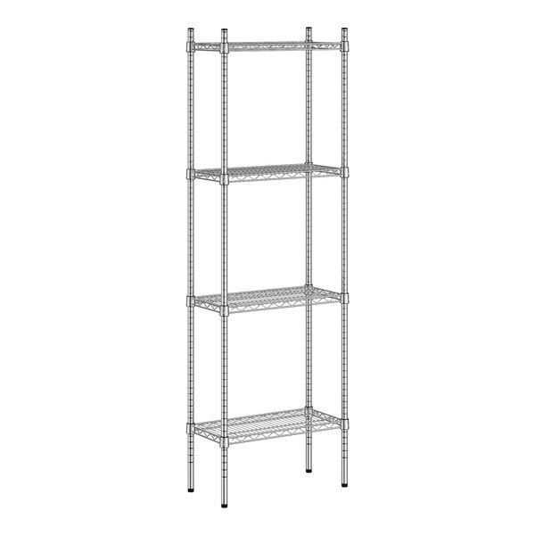 A wireframe of a Regency stainless steel shelf kit with four shelves.