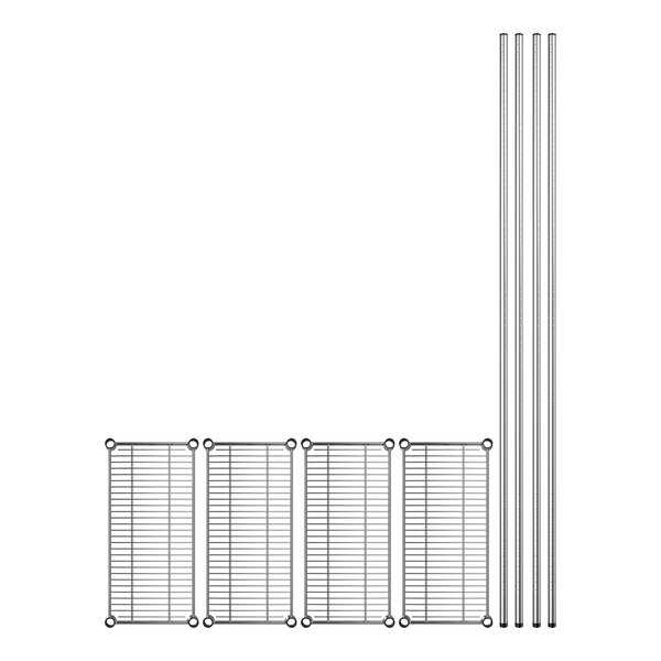 A Regency stainless steel wire rack with metal rods on each shelf.