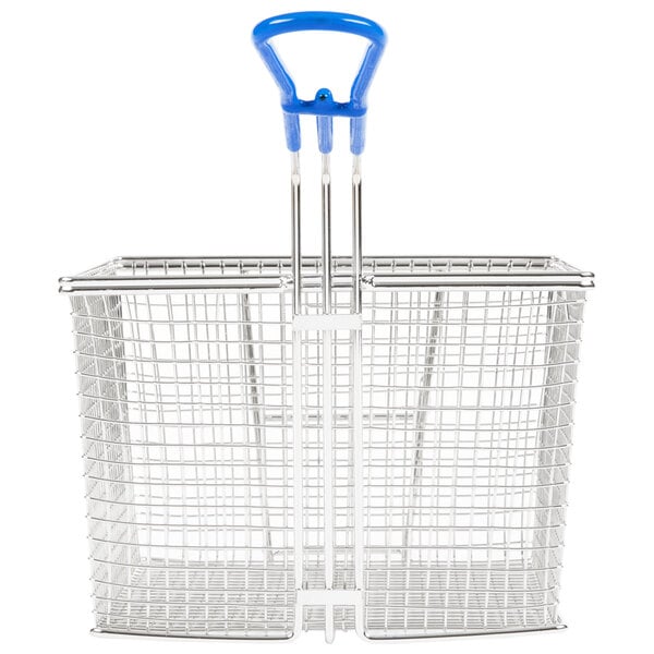 A metal fryer basket with blue handles.