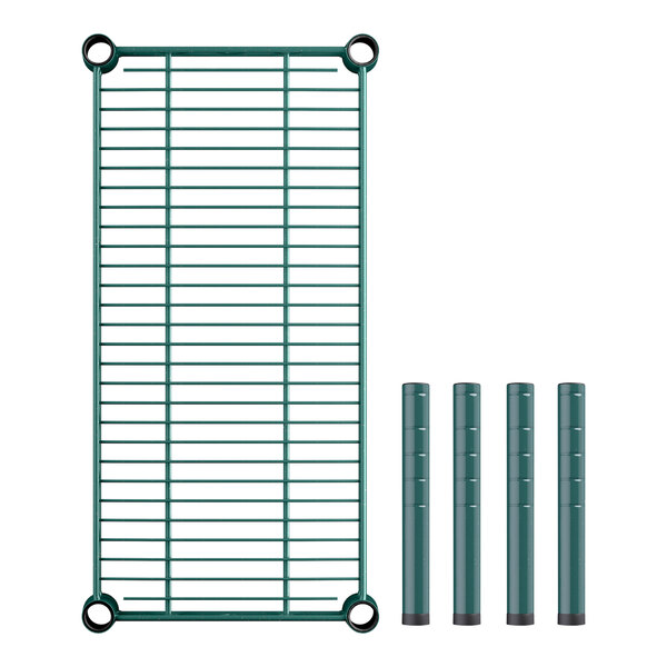 A green metal grid shelf from Regency with four poles.