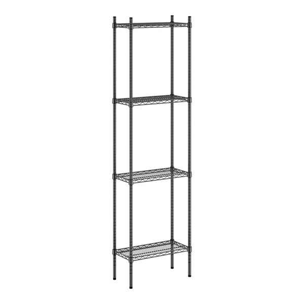 A black metal Regency shelving unit with four shelves.