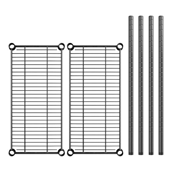A black metal rack with two shelves and metal rods.