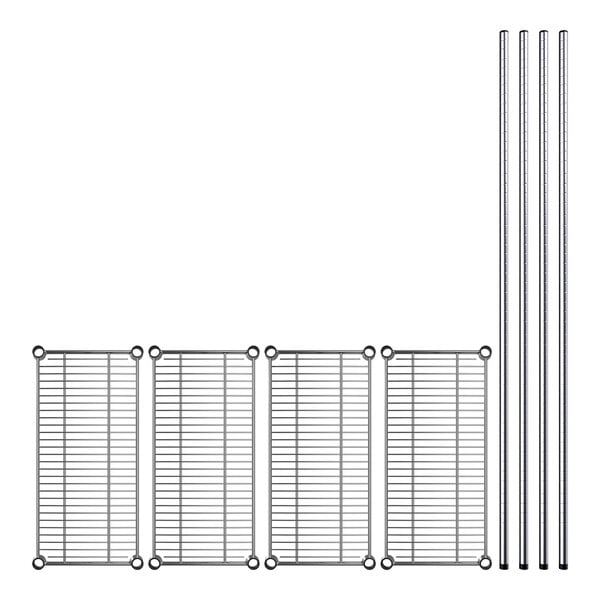 A Regency chrome metal rack with four metal shelves and metal rods.