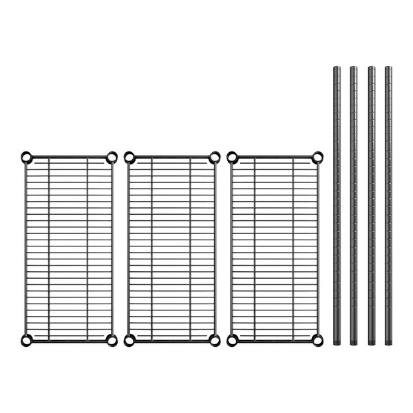 A Regency black metal wire shelf kit with three shelves and metal rods.