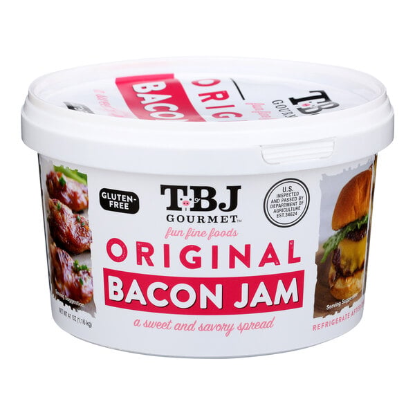 A 41 oz. tub of TBJ Gourmet Original Bacon Jam, a sweet and savory uncured bacon spread.