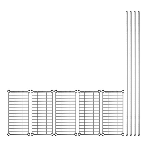 A Regency chrome wire rack with five shelves and several metal rods.