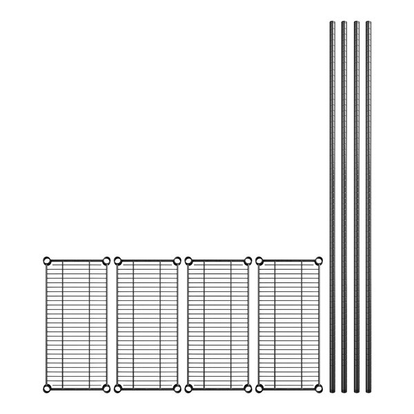 A row of black wire shelves with metal bars.