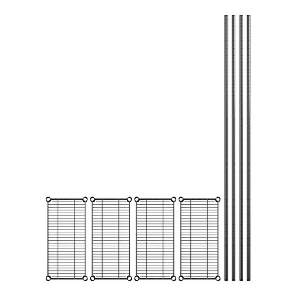 A wire shelf kit with four metal shelves and metal rods.