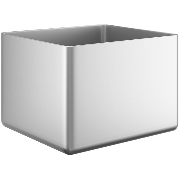 A silver metal fabricated undermount sink bowl.