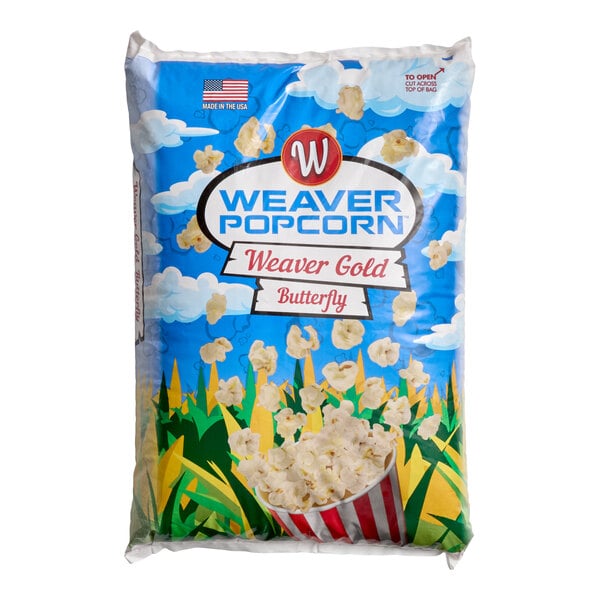 A 50 lb. bag of Pop Weaver Gold Butterfly Popcorn Kernels.