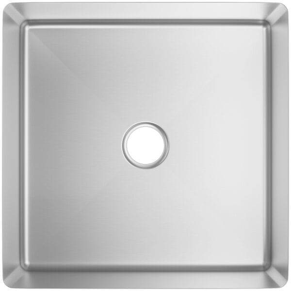A top view of a Regency stainless steel square sink bowl with a drain.