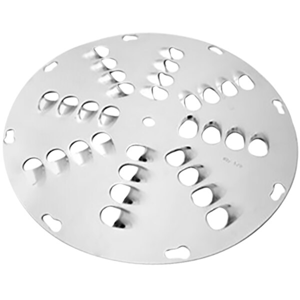 A circular metal Zumex shredder disc with holes in it.