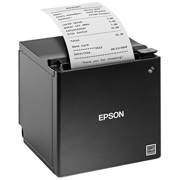 An Epson TM-M50 compact thermal receipt printer printing a receipt.