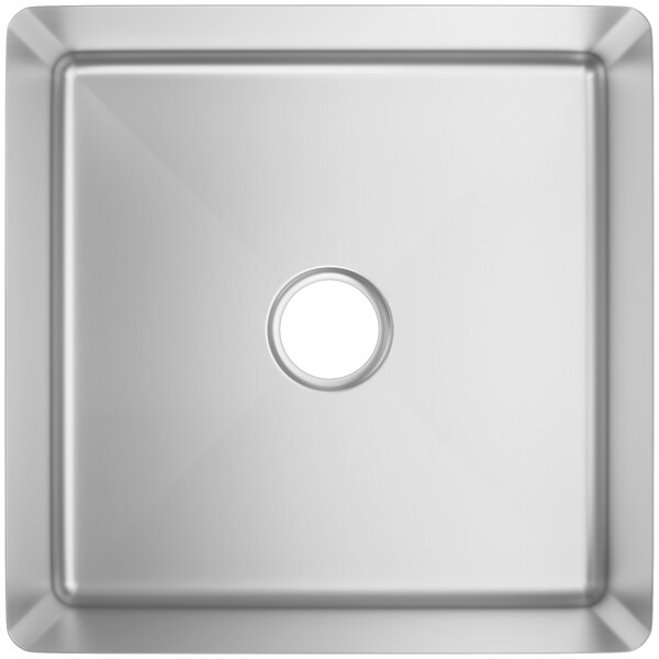 A white square stainless steel sink bowl with a circle in the center.