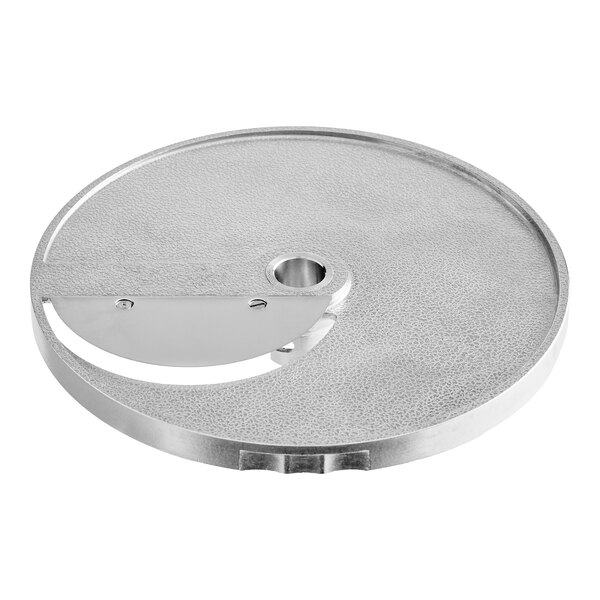 A round metal 3/16-inch curved slicing disc designed for use with AvaMix Goliath Series food processors.