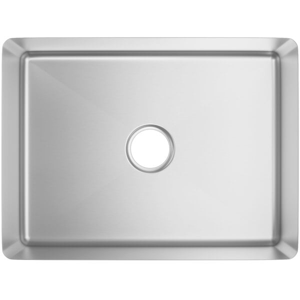 A stainless steel Regency fabricated weld-in sink bowl with a circle in the middle.