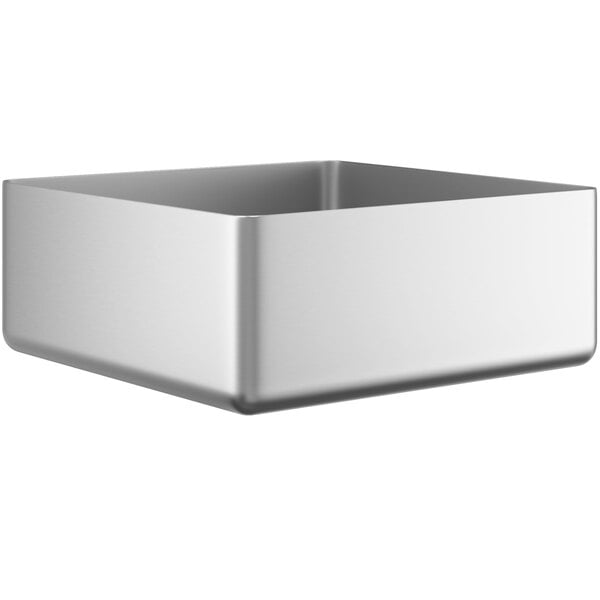 A silver square metal sink bowl.