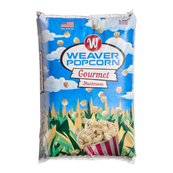 A large 50 lb. bag of Pop Weaver Gourmet Mushroom Popcorn Kernels.
