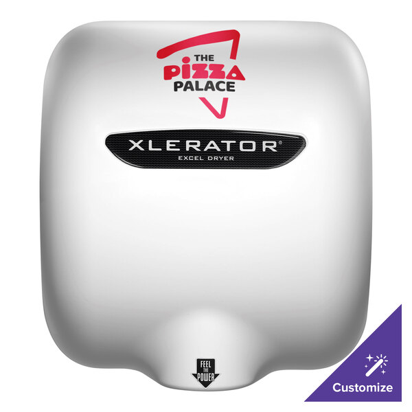 A white Excel hand dryer cover with black XLERATOR logo.