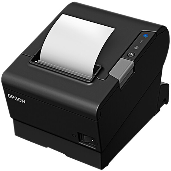 An Epson TM-T88V thermal receipt printer with a white paper in the machine.