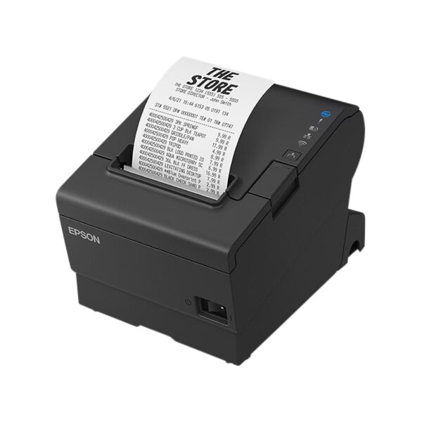 An Epson TM-T88VII receipt printer printing a receipt on a table in a coffee shop.