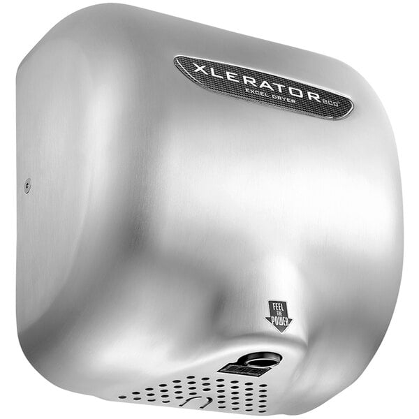A stainless steel Excel XLERATOReco hand dryer with black labeling.