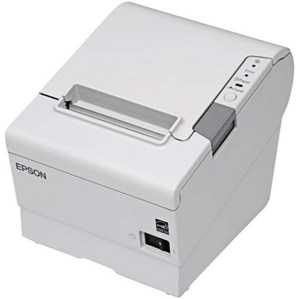 A white Epson TM-T88V thermal receipt printer with a lid.