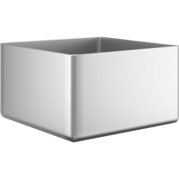 A silver square stainless steel sink bowl.