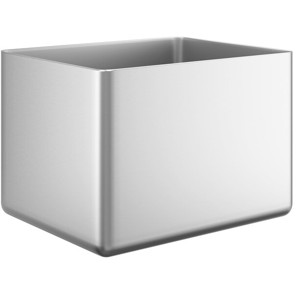 A silver fabricated stainless steel sink bowl.