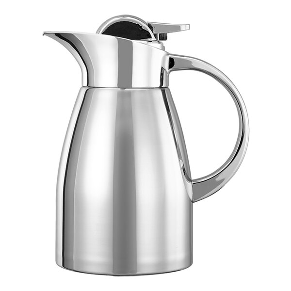 A stainless steel Service Ideas Elite coffee carafe with a black lid and handle.