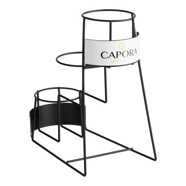 A black metal three-tier rack designed to hold 64 oz. flavoring sauce bottles.