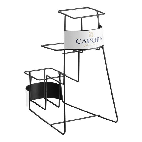 A three-tier metal rack designed to hold round 64 oz. flavoring sauce bottles.