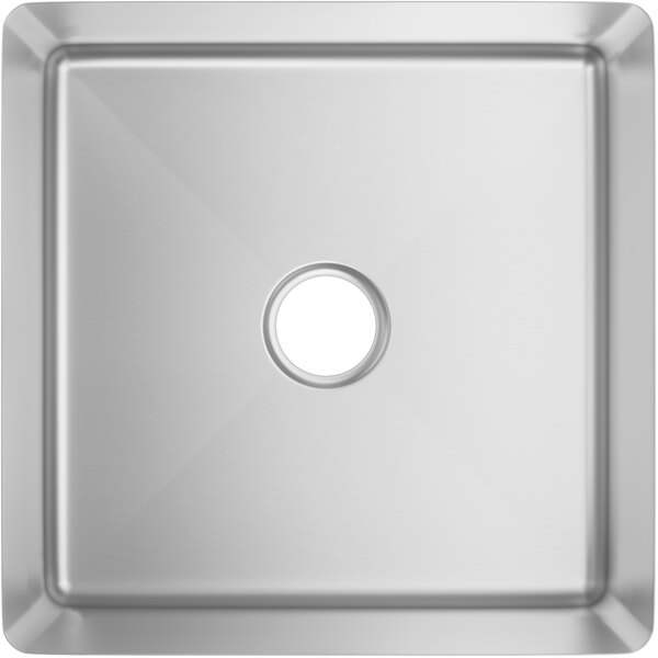 A Regency stainless steel fabricated undermount sink bowl with a square hole in the center.