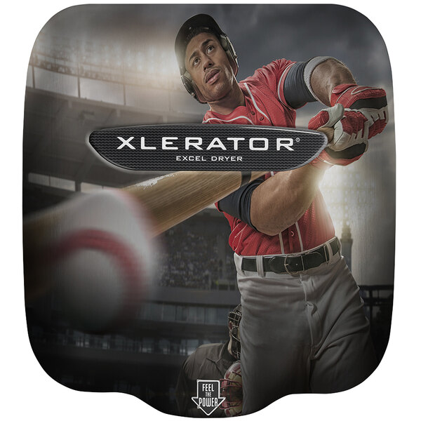 The Excel XL-SB-SI XLERATOR logo on a stainless steel hand dryer.