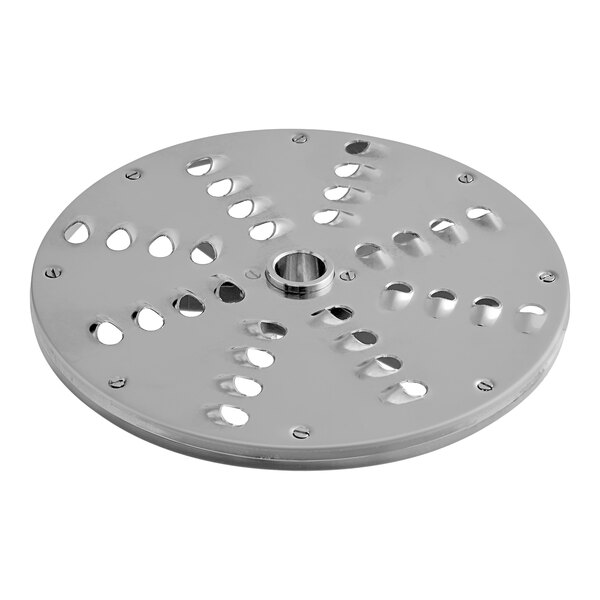A round metal grating and shredding disc with multiple holes, designed for use with the AvaMix Goliath Series food processor.