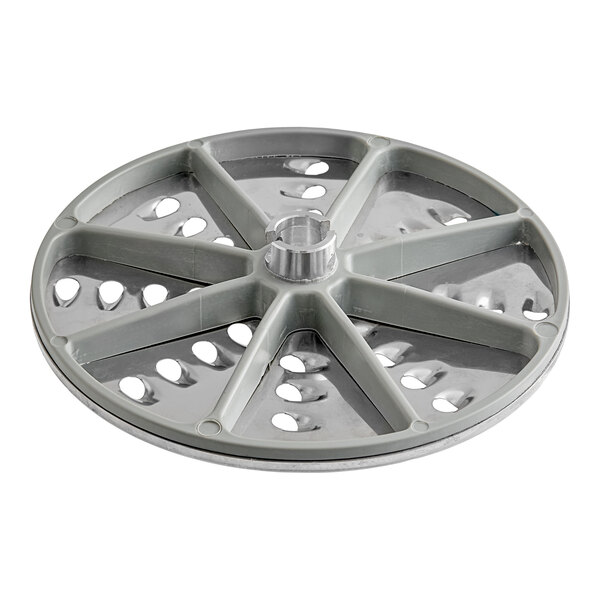 A round metal grating and shredding disc with a central hub and multiple holes, designed for use with the AvaMix Goliath Series food processors.