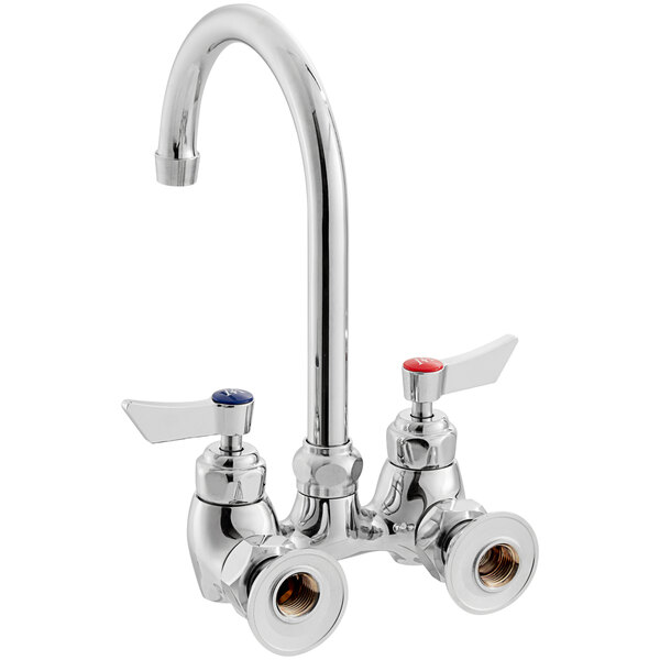 A silver Waterloo wall mount faucet with two silver handles and a gooseneck spout.