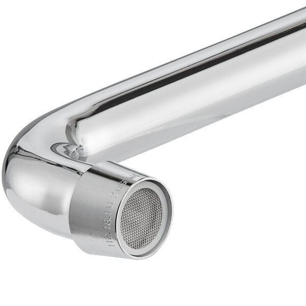 A close up of a silver Waterloo wall-mounted faucet with a silver pipe and hole in the end.