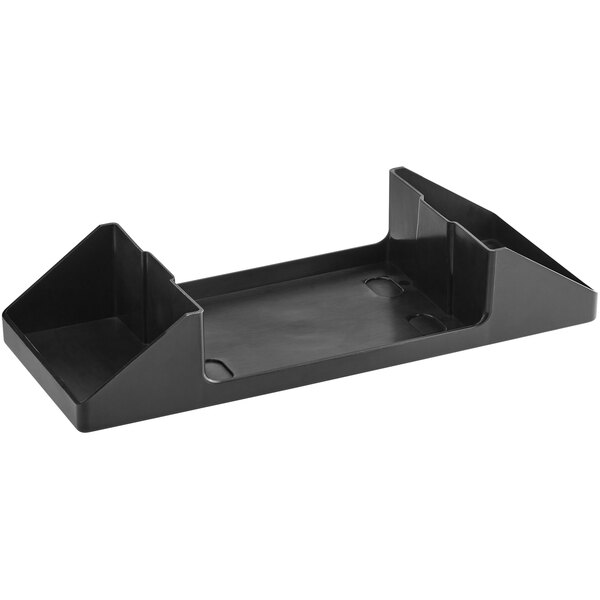 A black plastic condiment caddy with two compartments designed for Choice tabletop napkin dispensers.