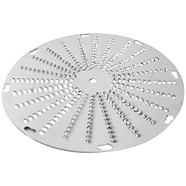 A stainless steel circular disc with small holes in it.