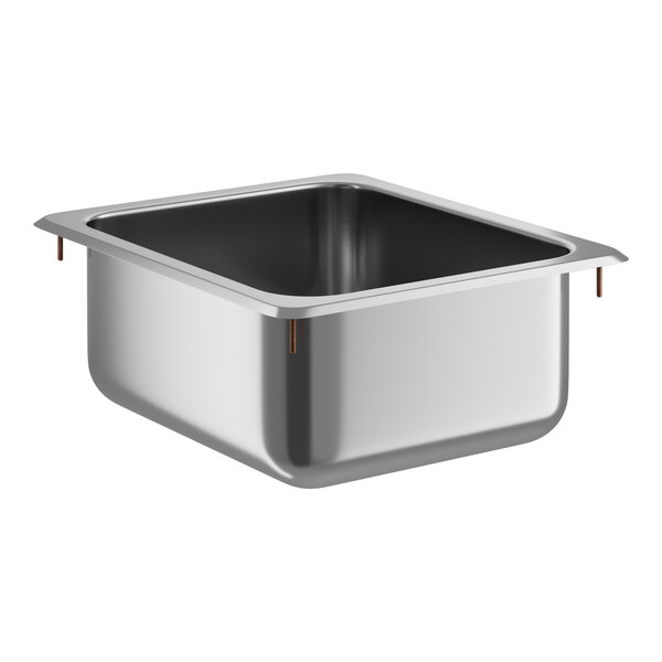A stainless steel Vollrath sink with a square bottom.