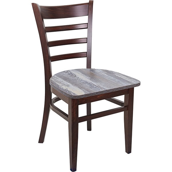 A BFM Seating wooden chair with a dark walnut finish and a grey seat and back.