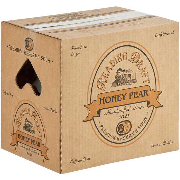 A case of Reading Soda Works Honey Pear soda cans with a hole in the middle.