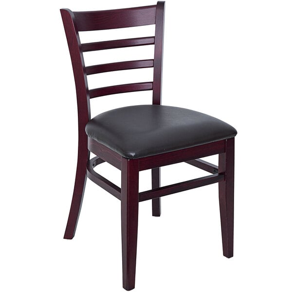 A BFM Seating Berkeley beechwood restaurant chair with a black vinyl seat.