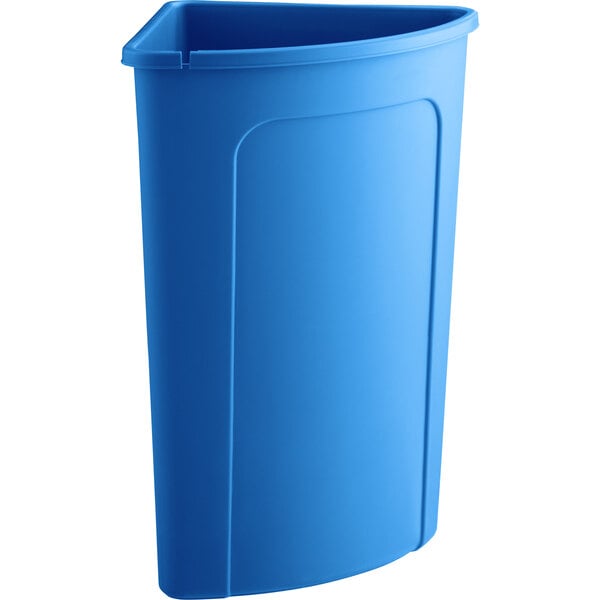 A blue plastic Lavex corner round trash can with a lid.