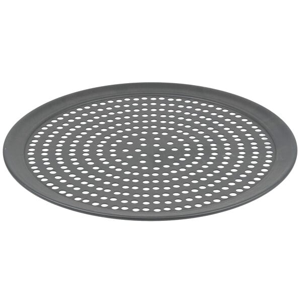 An American Metalcraft round black pizza pan with holes.