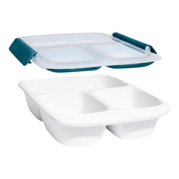 A white rectangular divided food storage container with two compartments and a clear snap-on lid featuring teal clasps.