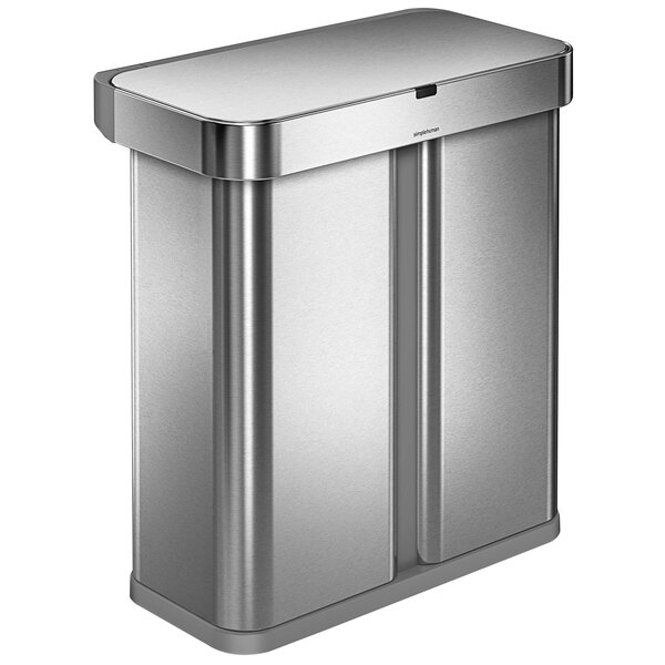 A silver rectangular simplehuman trash can with a lid.