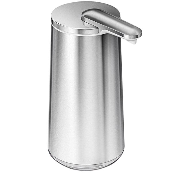 A simplehuman stainless steel foam sensor soap dispenser with a silver handle.