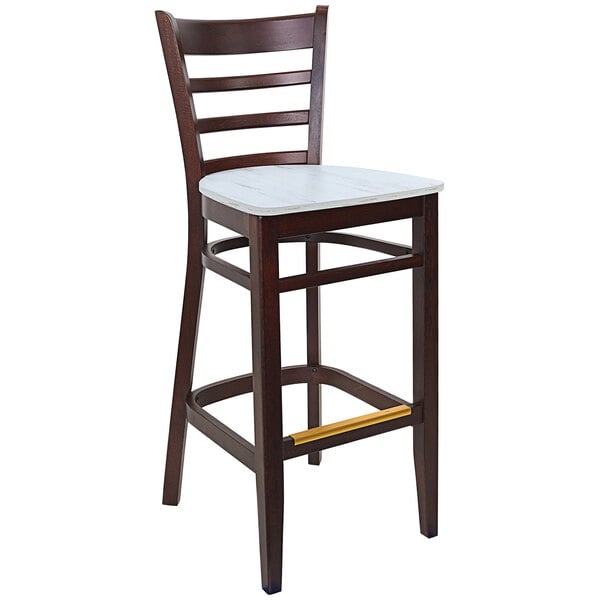 A BFM Seating wooden ladder back barstool with a white seat.